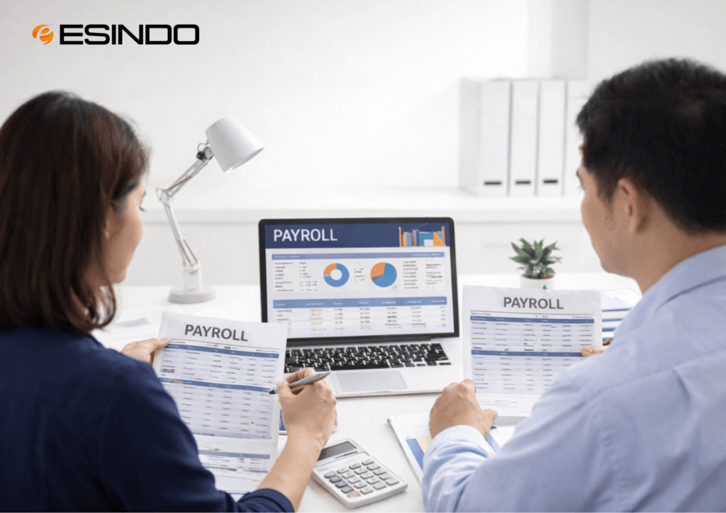 Foto real tim HR finance bekerja dengan sistem payroll