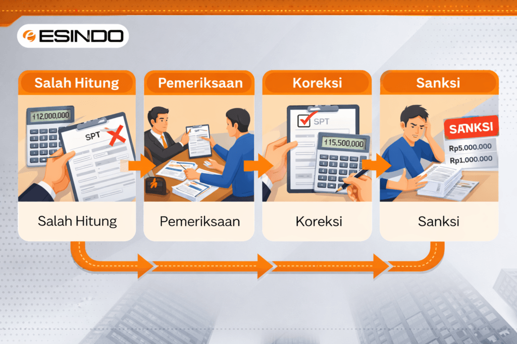 Flowchart proses pajak mulai dari salah hitung, pemeriksaan, koreksi, hingga sanksi dengan ilustrasi formulir SPT, kalkulator, dan interaksi pemeriksa pajak dalam gaya visual brand Esindo.