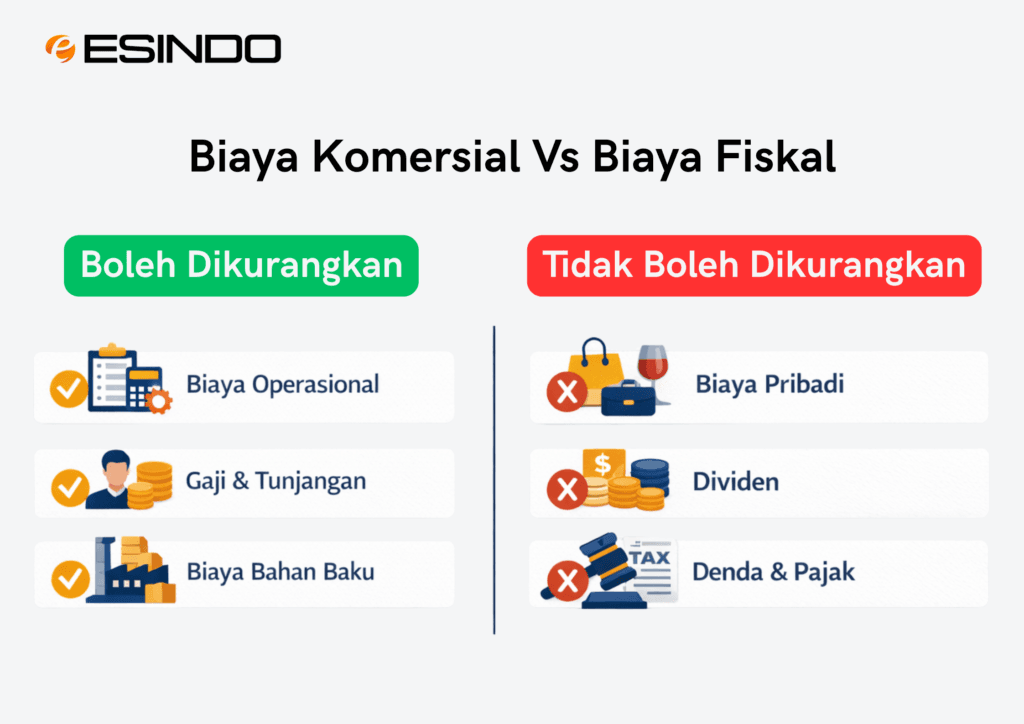 Perbandingan biaya komersial dan biaya fiskal dalam PPh Badan yang boleh dan tidak boleh dikurangkan