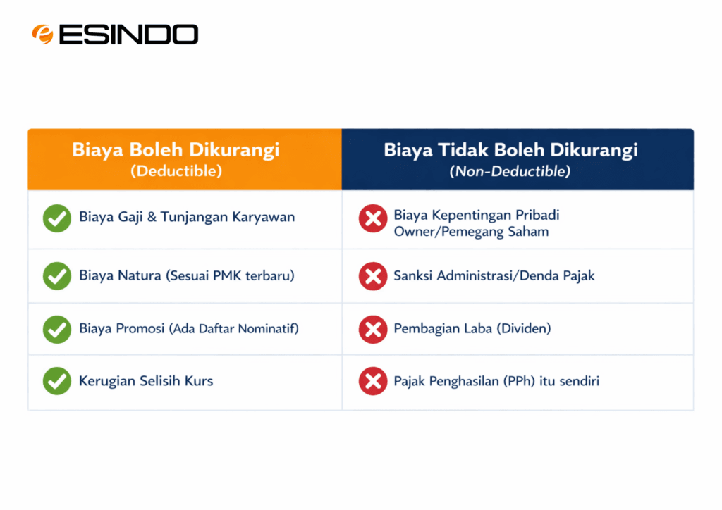 Tabel perbandingan biaya deductible dan non-deductible dalam PPh Badan dengan contoh biaya yang boleh dan tidak boleh dikurangkan