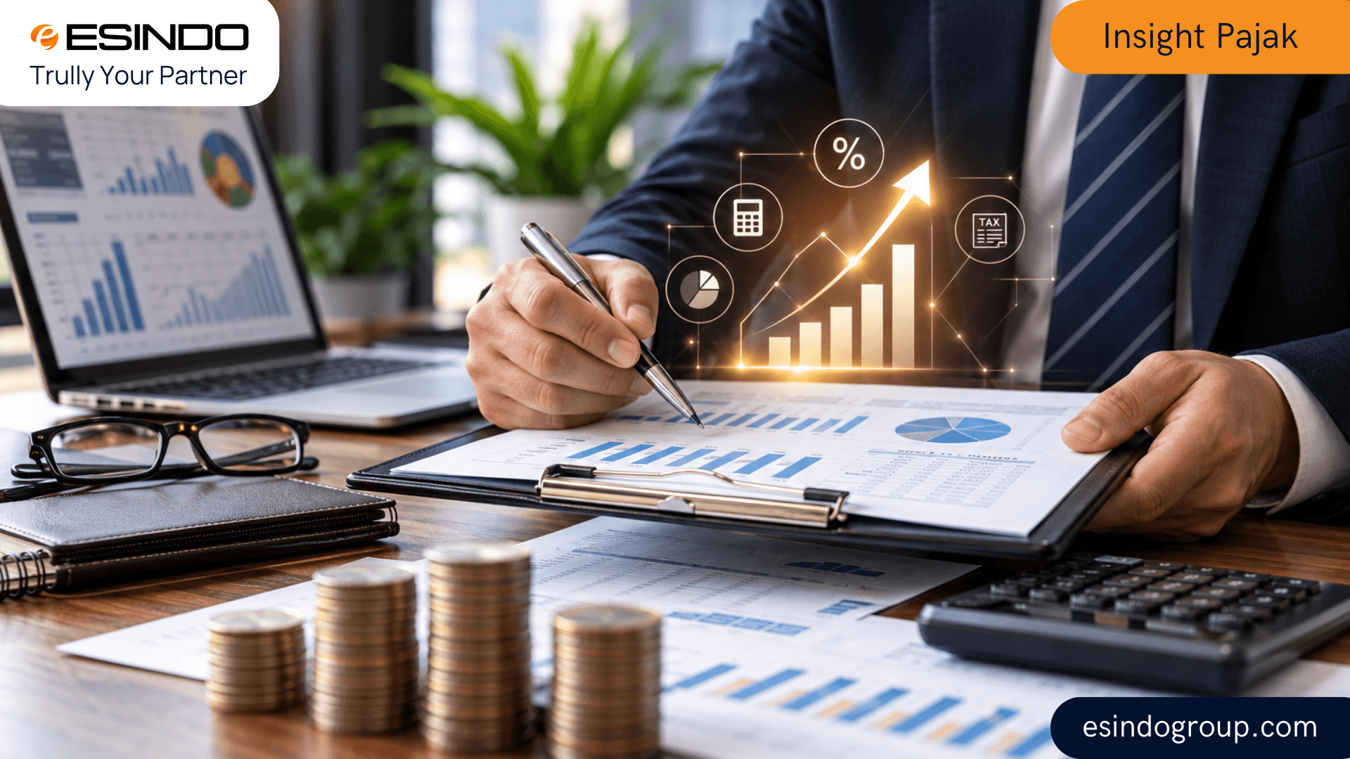 Profesional sedang menganalisis laporan keuangan dan grafik pajak perusahaan untuk strategi efisiensi PPh Badan