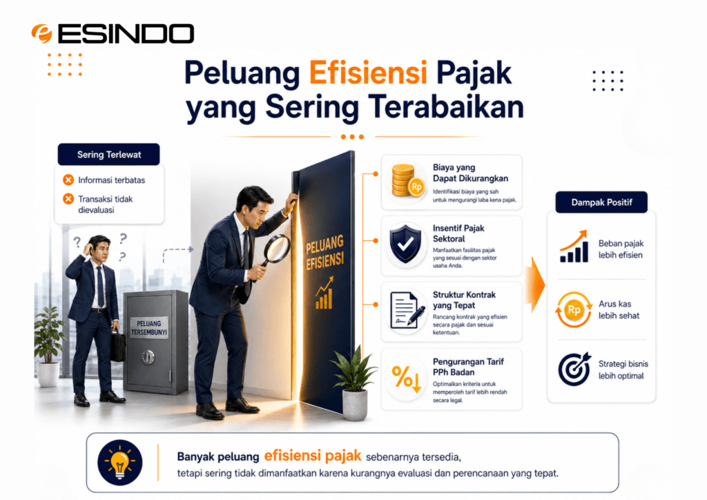 Ilustrasi peluang efisiensi pajak yang sering terabaikan, mulai dari biaya yang dapat dikurangkan, insentif pajak sektoral, struktur kontrak, hingga pengurangan tarif PPh Badan.