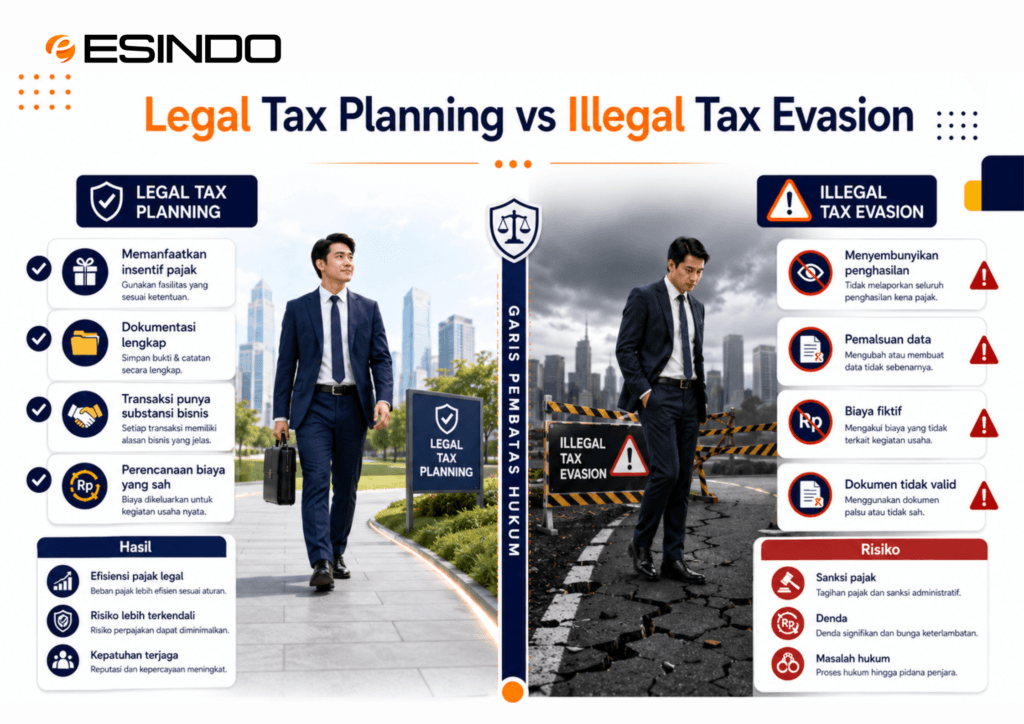 Ilustrasi perbandingan antara legal tax planning dan illegal tax evasion, dengan garis pembatas hukum yang jelas serta penjelasan manfaat perencanaan pajak yang sah dan risiko penggelapan pajak.