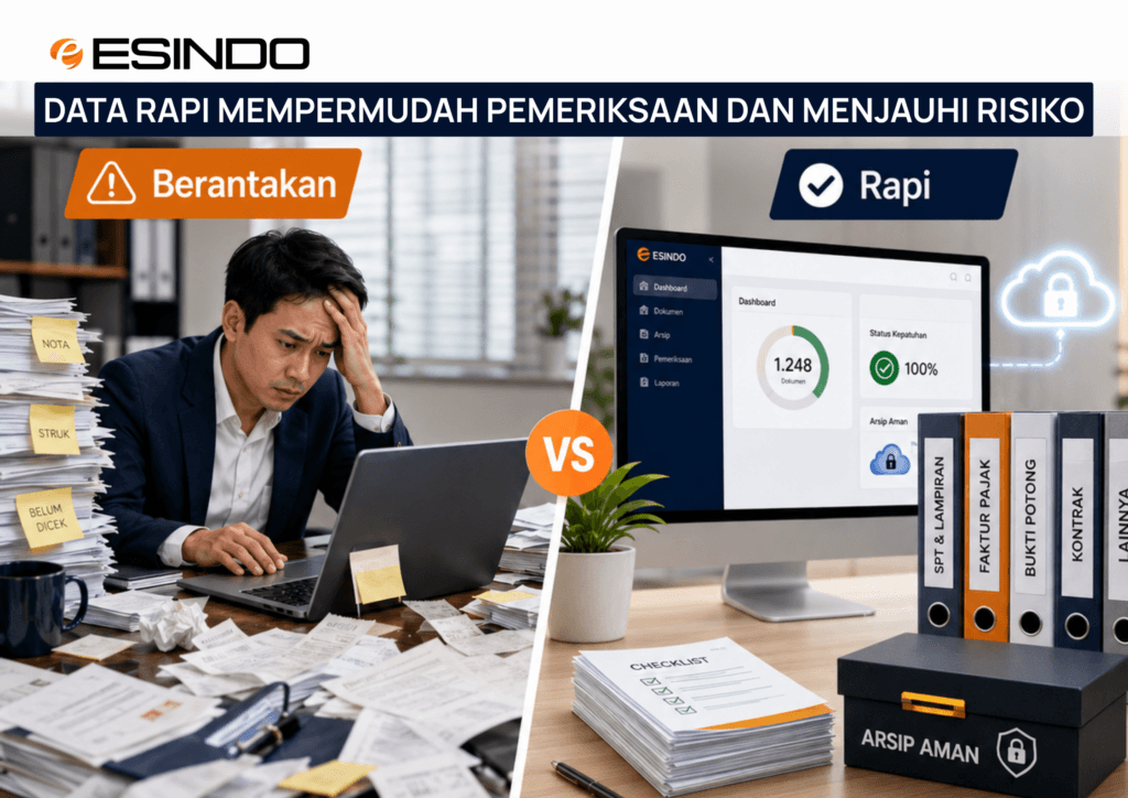 Ilustrasi perbandingan data berantakan dan data rapi dalam persiapan pemeriksaan PPh Badan.