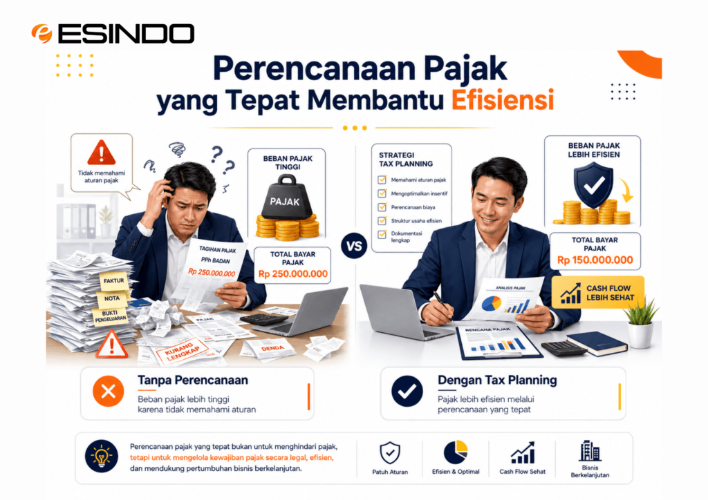 Ilustrasi dua wajib pajak badan, satu membayar pajak lebih tinggi karena tanpa perencanaan, dan satu lebih efisien karena menerapkan tax planning.
