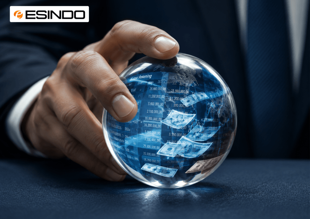 Sebuah bidikan konseptual yang elegan sebuah bola kaca bening yang bersih yang diletakkan di atas permukaan meja navy yang bertekstur. Di dalam bola tersebut, terlihat aliran holographic uang kertas dan nomor mutasi bank yang bergerak dinamis.