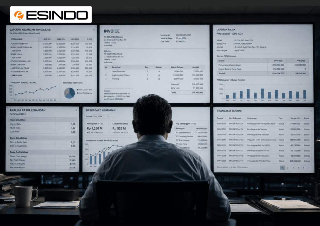 Sebuah foto realistis yang diambil dari belakang seorang akuntan senior yang sedang menatap dinding besar berisi layar-layar bercahaya di kantor modern yang gelap, menampilkan visualisasi data abstrak yang menghubungkan faktur pajak, laporan pajak, dan nomor transaksi.