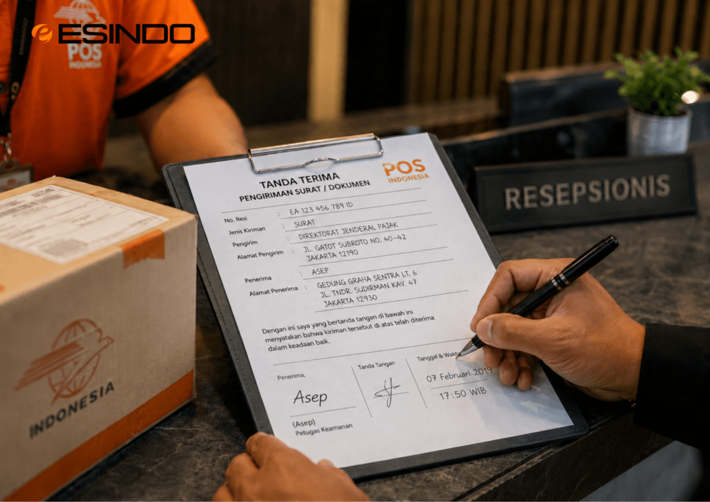 Tanda terima resi surat keberatan pajak dari kurir di meja resepsionis perusahaan.