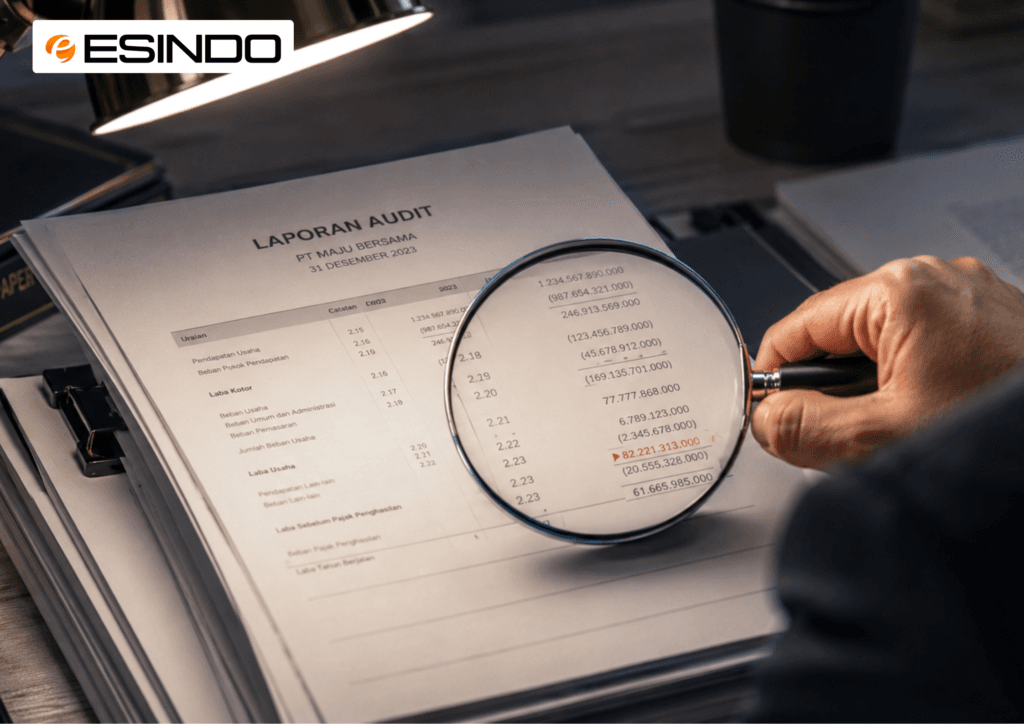 Tangan profesional memegang kaca pembesar besar di bawah sorotan lampu meja yang tajam, menyoroti detail inkonsistensi yang samar pada tumpukan dokumen audit, melambangkan deteksi anomali.