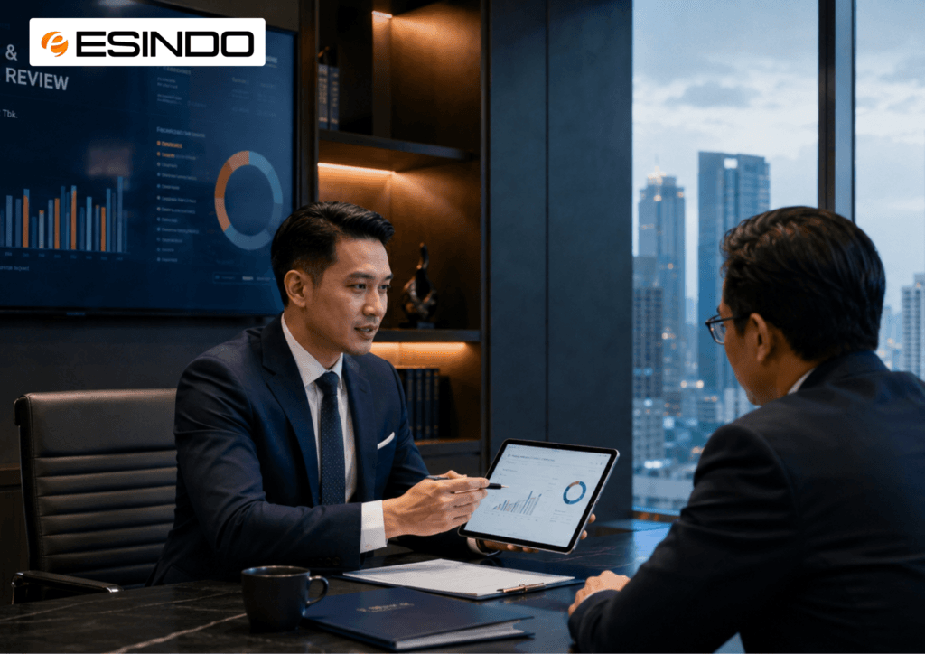 Diskusi kepatuhan pajak korporasi antara konsultan pajak dan klien di kantor modern Jakarta.