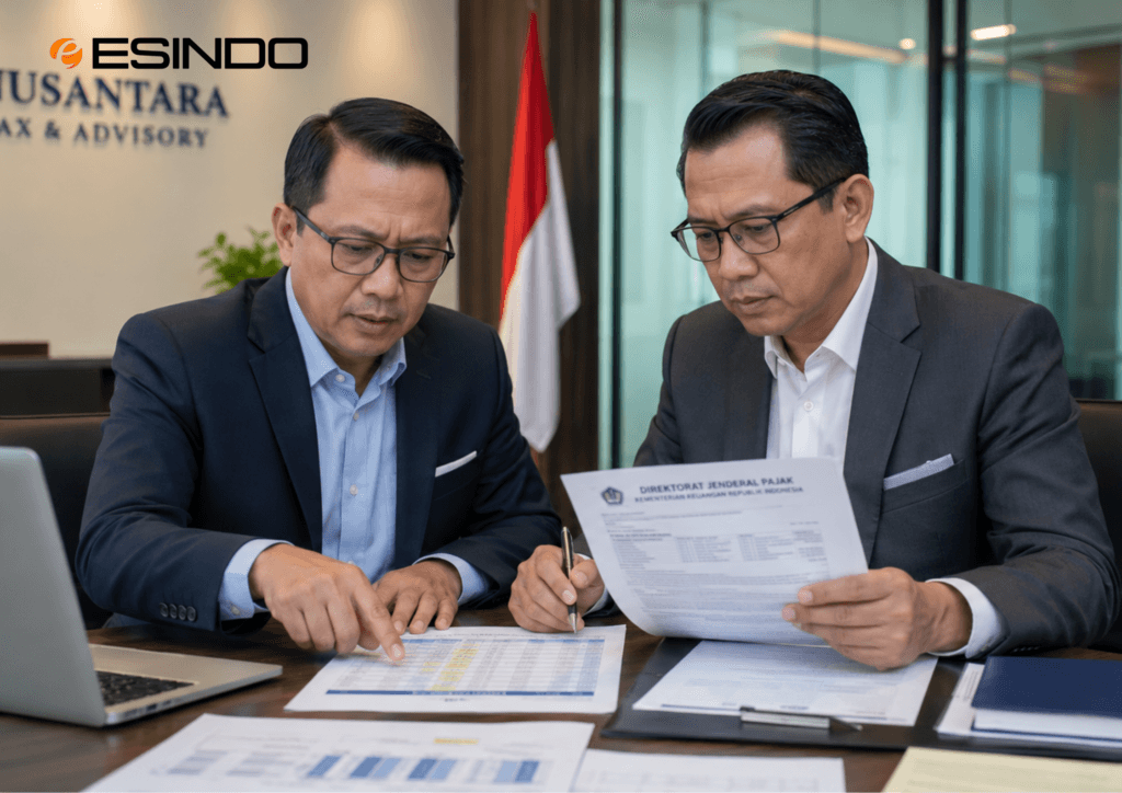 Dua konsultan pajak profesional sedang melakukan penelaahan data dan analisis risiko laporan perpajakan korporasi
