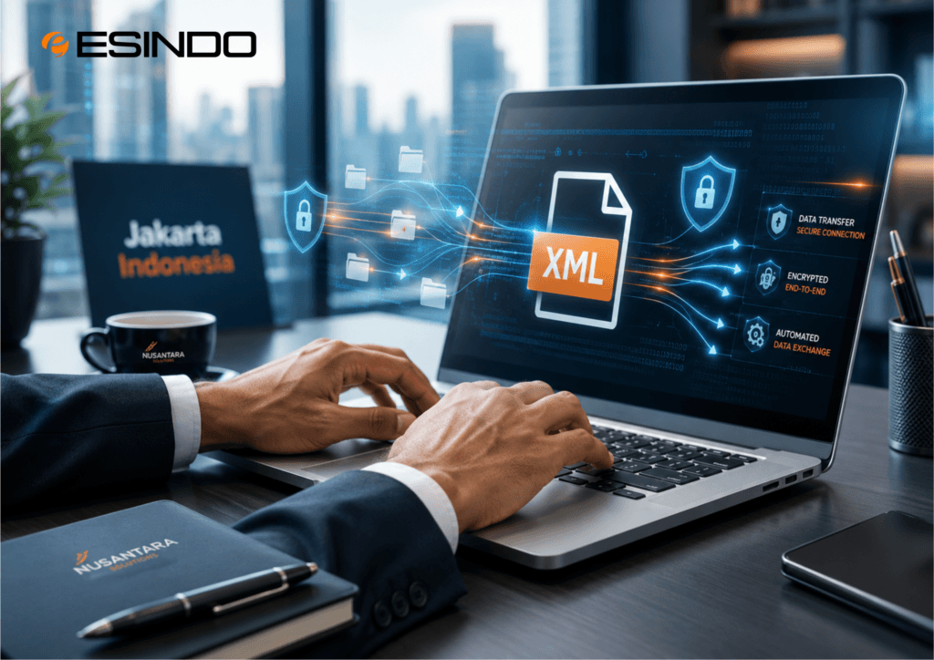 Tangan sedang mengetik di laptop dengan ilustrasi digital transfer data otomatis menjadi file XML.
