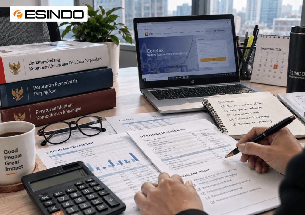 Staff Finance dan Tax meninjau laporan keuangan, rekonsiliasi fiskal, dan kewajiban perpajakan perusahaan melalui Coretax.