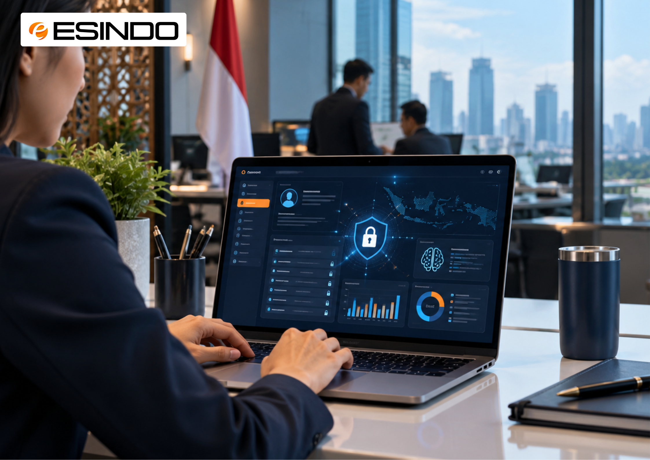 Ilustrasi profesional kantor yang meninjau sistem keamanan data digital.