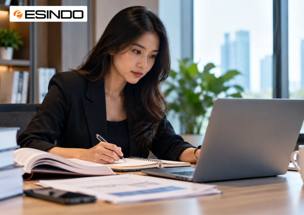 Profesional mempersiapkan Uji Kompetensi Perpajakan dengan laptop dan materi perpajakan di kantor