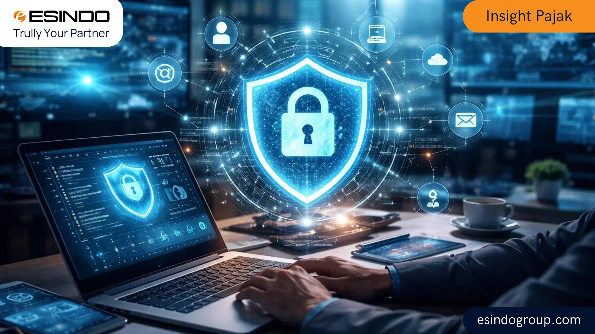 pemanfaatan kecerdasan buatan (AI) Ilustrasi teknologi AI dan keamanan data digital dalam administrasi perpajakan DJP.